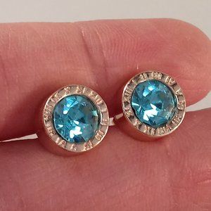 Mens Silver Stainless Steel Diamond Zircon Lake Blue Bezel Stud Earrings 1.28ctw